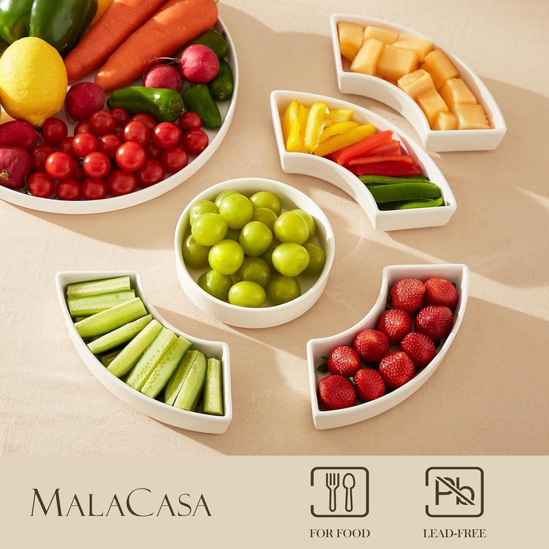 MALACASA أطباق تقديم خزفية مقسمة، صينية مقبلات، صينية تقديم للحفلات - مثالية للرقائق والصلصات، الفواكه، الخضروات، الحلوى والوجبات الخفيفة، صينية تقديم مقسمة، صينية مخللات، بيضاء - Image 3